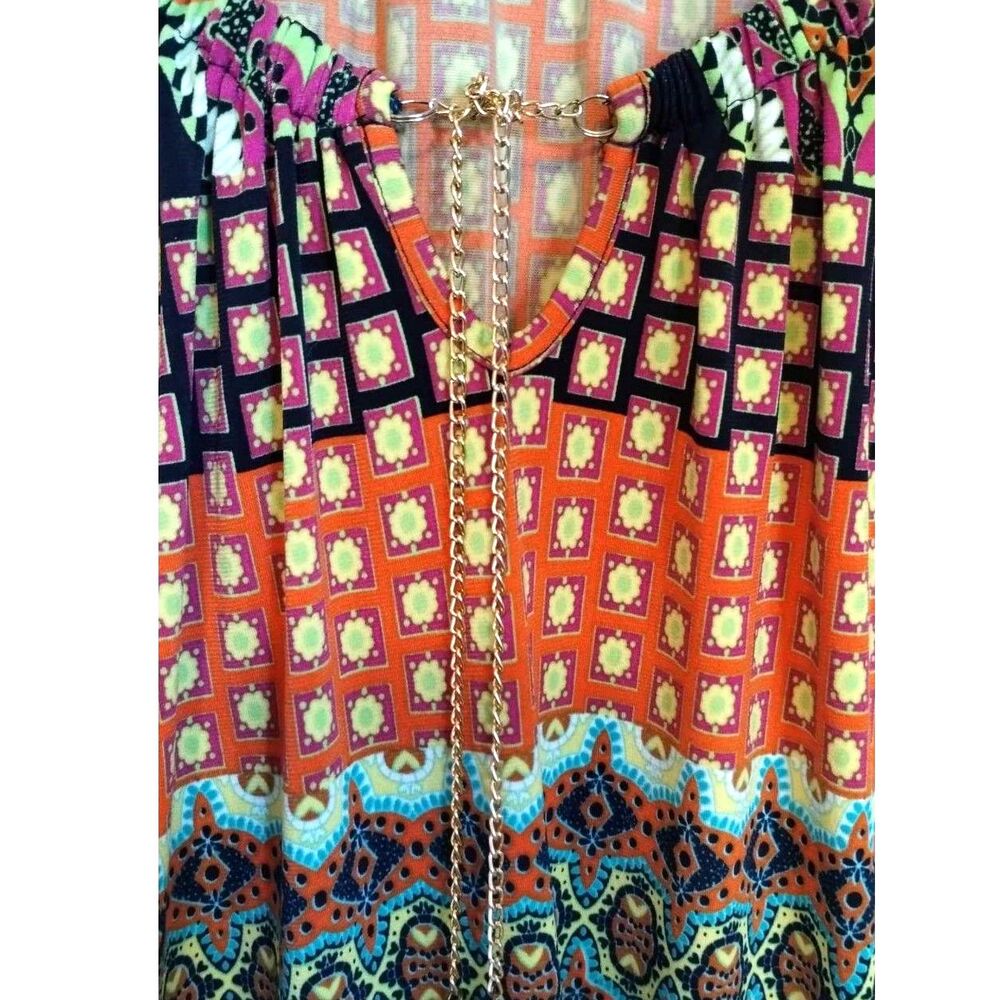 Susan Lawrence BOHO Style Blouse 3/4 elastic Sleeve Chain V Neck Closure L - Picture 5 of 9